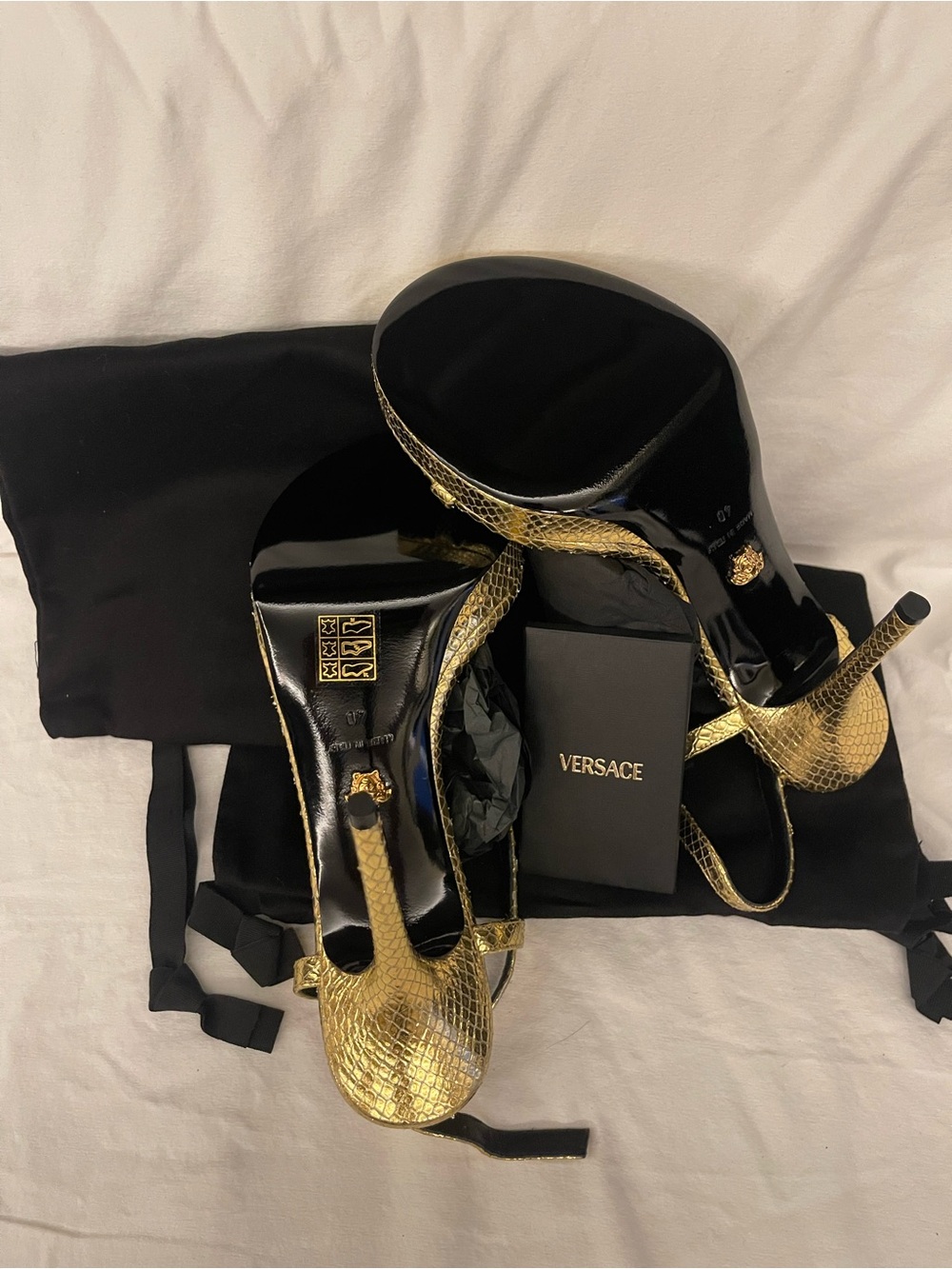 Versace Metallic Gold Snake-Embossed T-Strap Sandals - Picture 4 of 8